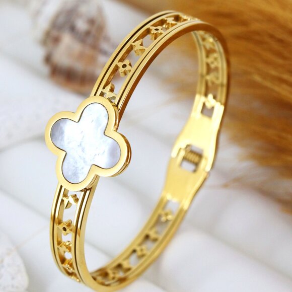Bold Floral Design Bangle in Sturdy Stainless Steel - Picture 1 of 2